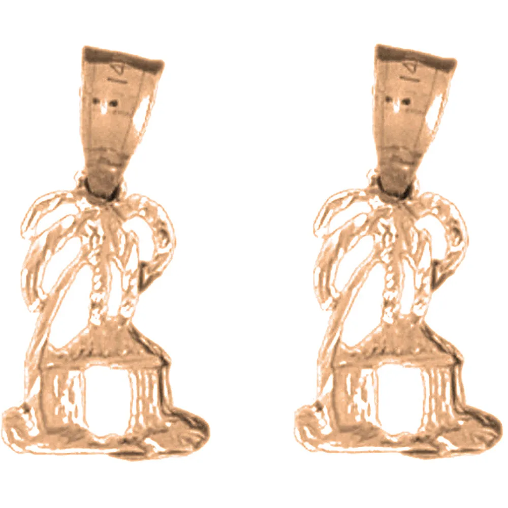 14K or 18K Gold Palm Tree And Hut Earrings