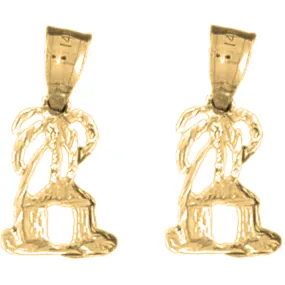 14K or 18K Gold Palm Tree And Hut Earrings