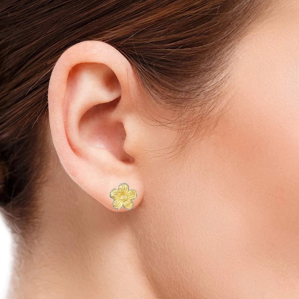 14k Two-Tone Gold Textured Blooming Flower Stud Floral Earrings with Friction Back, 11mm