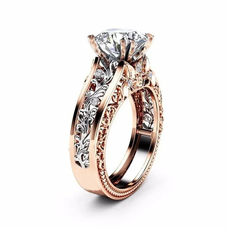 1pcs Luxury Women Ring Metal Hollow Carving Pattern Rose Gold Color Zircon Stones Couple Ring Bridal Engagement Wedding Jewelry