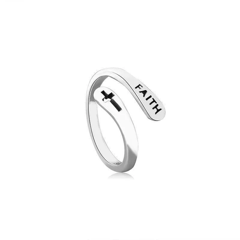 Adjustable Ring Vintage Faith Letters Cross Opening Adjustable Rings For Women Men Christian Jewelry Gift