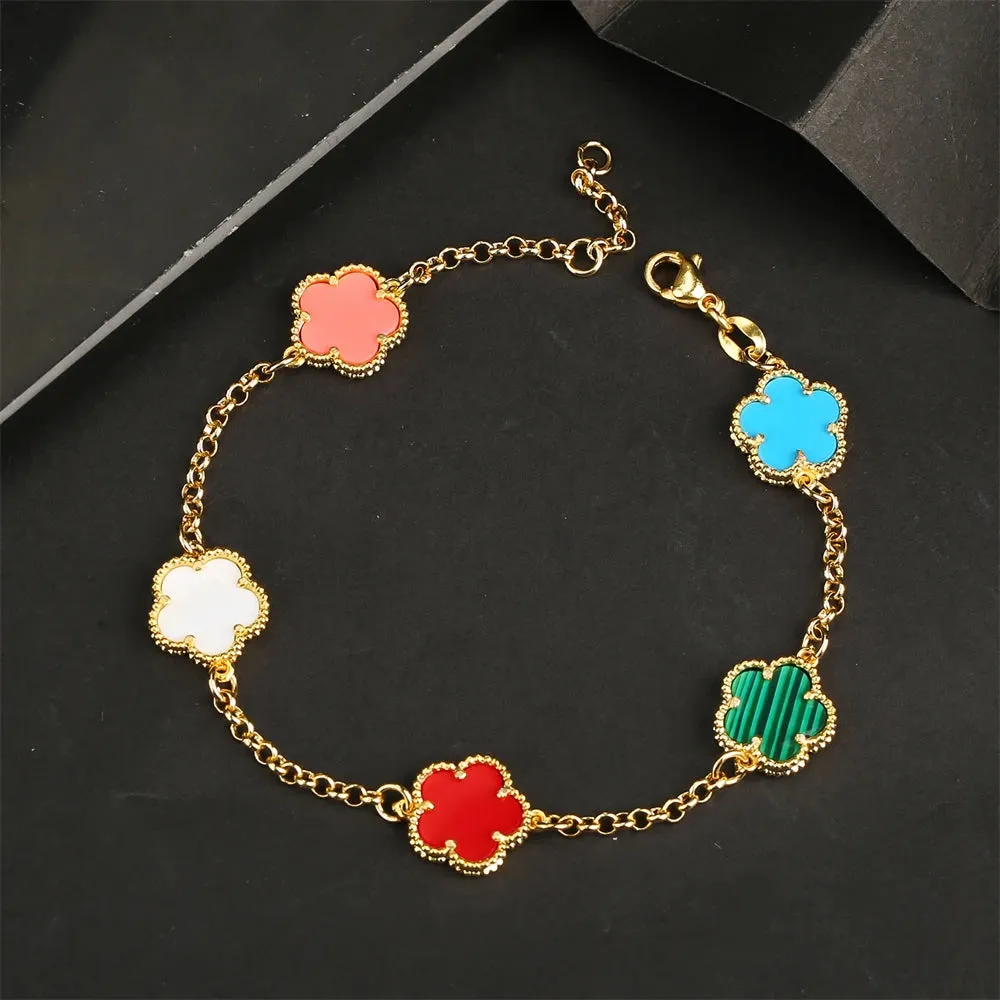 AILINFA New Design Simple Five-leaf Flower Necklace Earrings Bracelet Set Gold 18K Gold Stone White Shell Ladies Luxury Set Gift