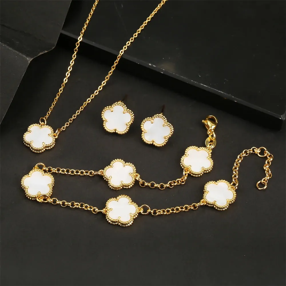 AILINFA New Design Simple Five-leaf Flower Necklace Earrings Bracelet Set Gold 18K Gold Stone White Shell Ladies Luxury Set Gift