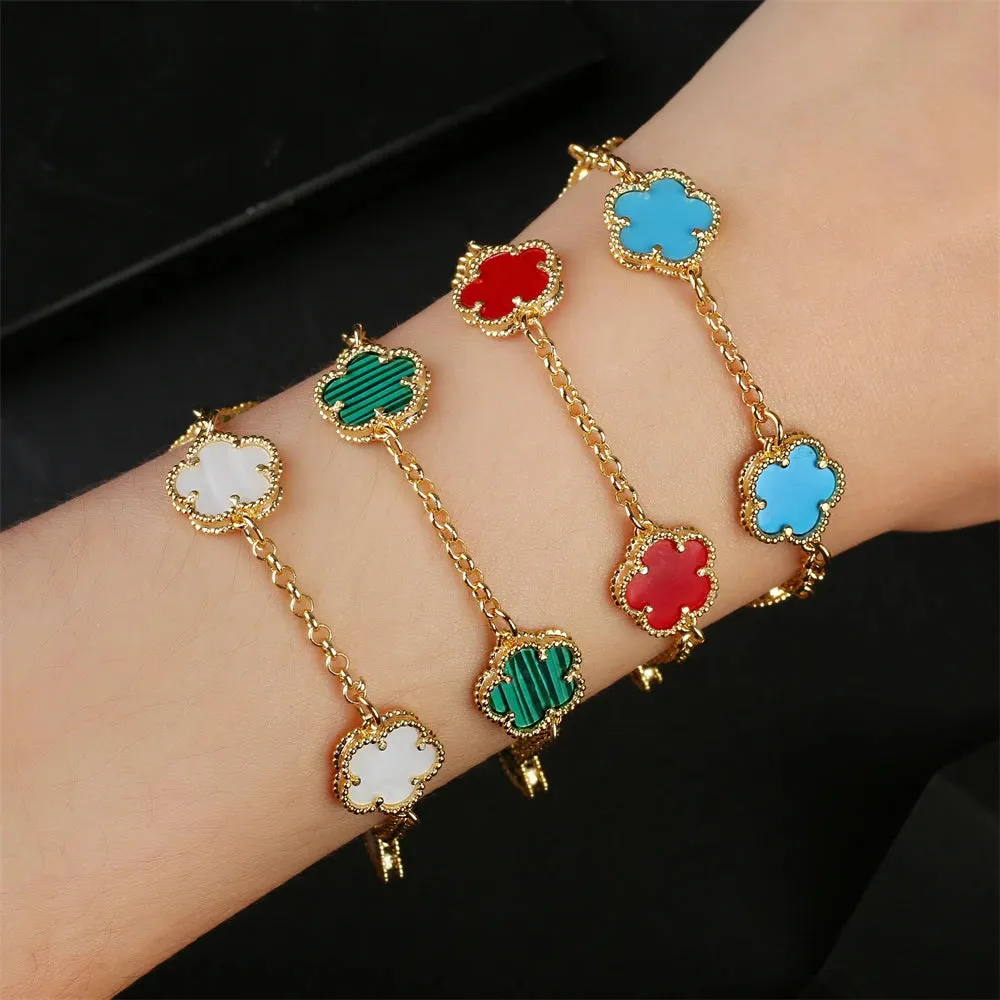 AILINFA New Design Simple Five-leaf Flower Necklace Earrings Bracelet Set Gold 18K Gold Stone White Shell Ladies Luxury Set Gift