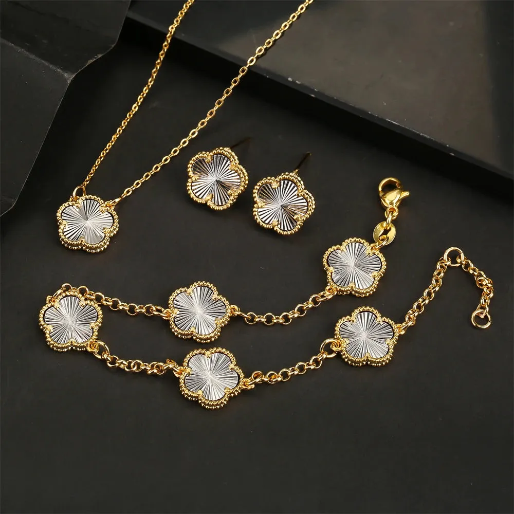 AILINFA New Design Simple Five-leaf Flower Necklace Earrings Bracelet Set Gold 18K Gold Stone White Shell Ladies Luxury Set Gift