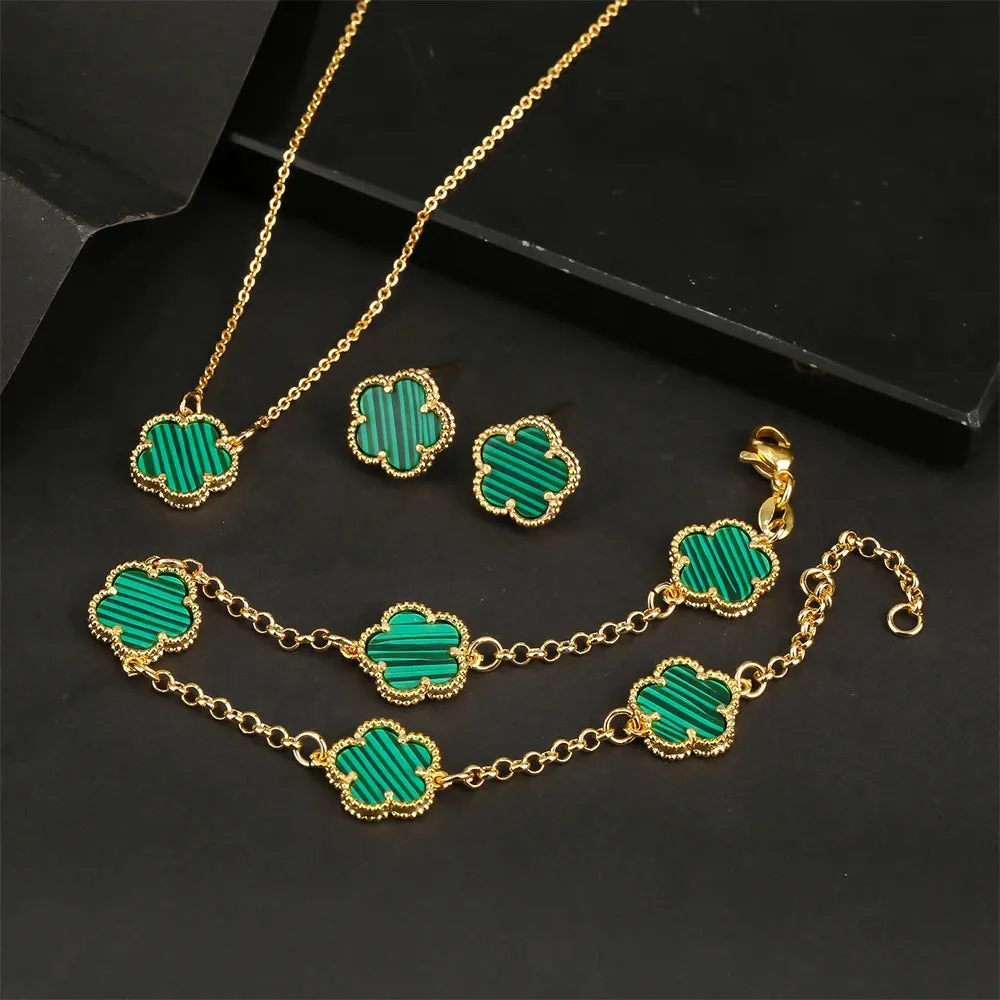 AILINFA New Design Simple Five-leaf Flower Necklace Earrings Bracelet Set Gold 18K Gold Stone White Shell Ladies Luxury Set Gift