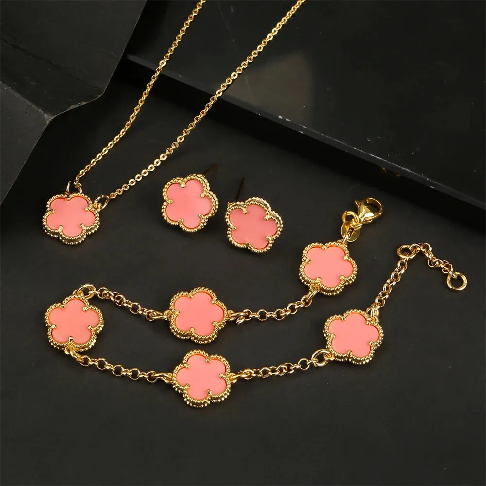 AILINFA New Design Simple Five-leaf Flower Necklace Earrings Bracelet Set Gold 18K Gold Stone White Shell Ladies Luxury Set Gift