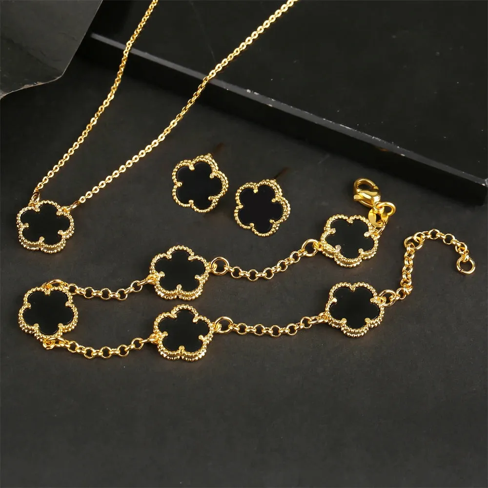 AILINFA New Design Simple Five-leaf Flower Necklace Earrings Bracelet Set Gold 18K Gold Stone White Shell Ladies Luxury Set Gift