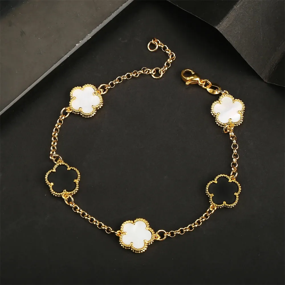 AILINFA New Design Simple Five-leaf Flower Necklace Earrings Bracelet Set Gold 18K Gold Stone White Shell Ladies Luxury Set Gift