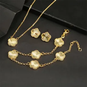 AILINFA New Design Simple Five-leaf Flower Necklace Earrings Bracelet Set Gold 18K Gold Stone White Shell Ladies Luxury Set Gift