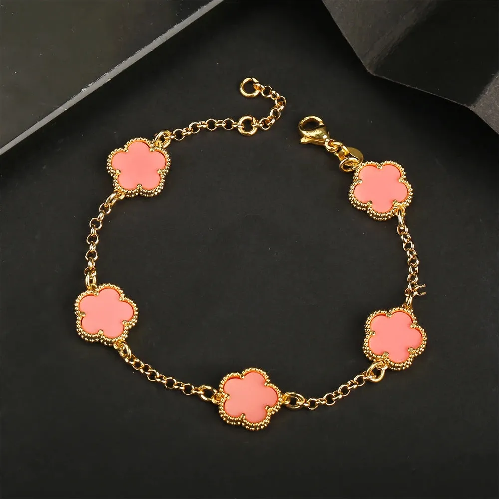 AILINFA New Design Simple Five-leaf Flower Necklace Earrings Bracelet Set Gold 18K Gold Stone White Shell Ladies Luxury Set Gift