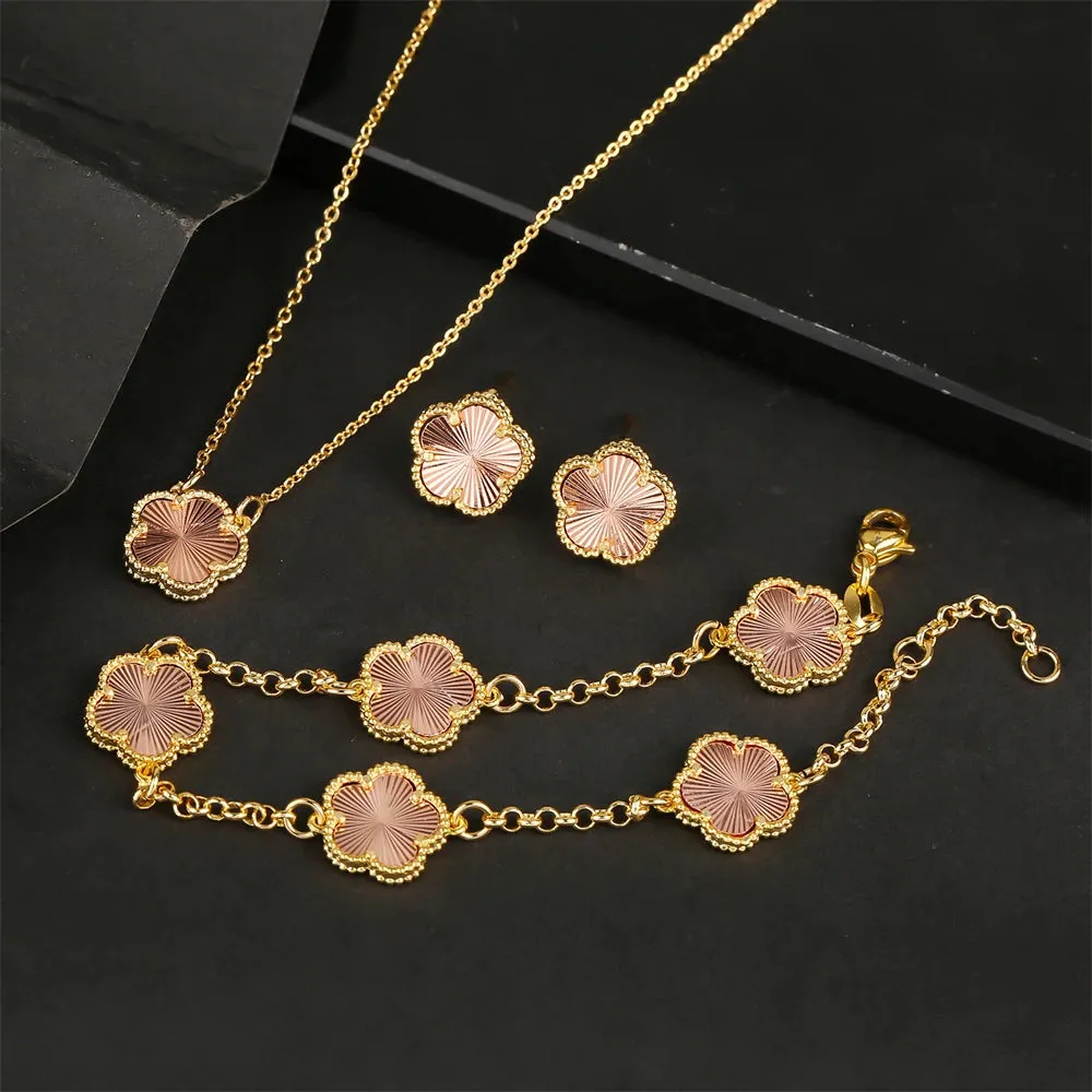 AILINFA New Design Simple Five-leaf Flower Necklace Earrings Bracelet Set Gold 18K Gold Stone White Shell Ladies Luxury Set Gift