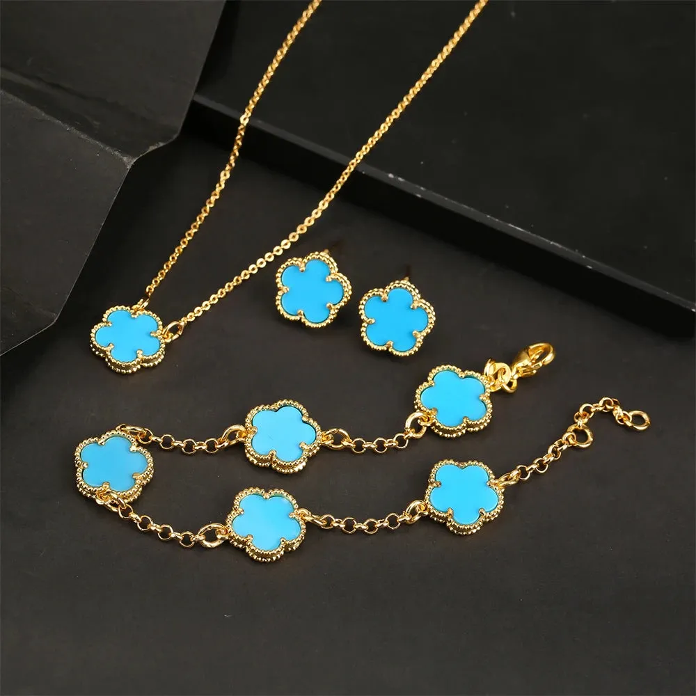 AILINFA New Design Simple Five-leaf Flower Necklace Earrings Bracelet Set Gold 18K Gold Stone White Shell Ladies Luxury Set Gift