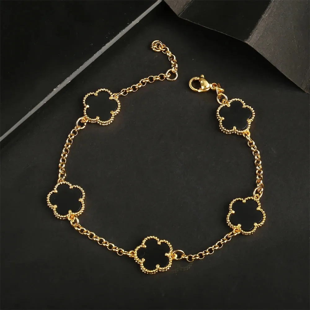 AILINFA New Design Simple Five-leaf Flower Necklace Earrings Bracelet Set Gold 18K Gold Stone White Shell Ladies Luxury Set Gift