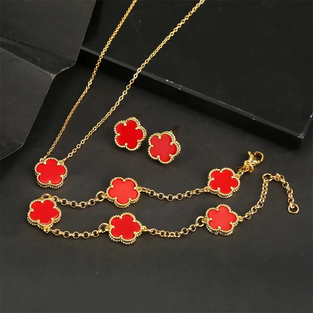 AILINFA New Design Simple Five-leaf Flower Necklace Earrings Bracelet Set Gold 18K Gold Stone White Shell Ladies Luxury Set Gift