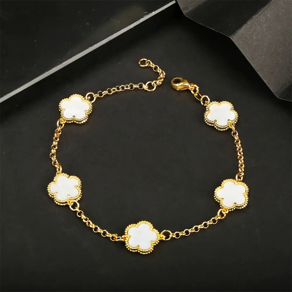 AILINFA New Design Simple Five-leaf Flower Necklace Earrings Bracelet Set Gold 18K Gold Stone White Shell Ladies Luxury Set Gift