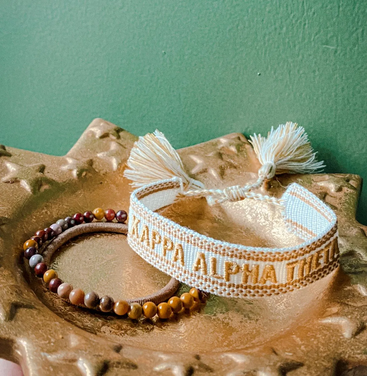 Alpha Chi Omega Woven Bracelet, White and Gold Design