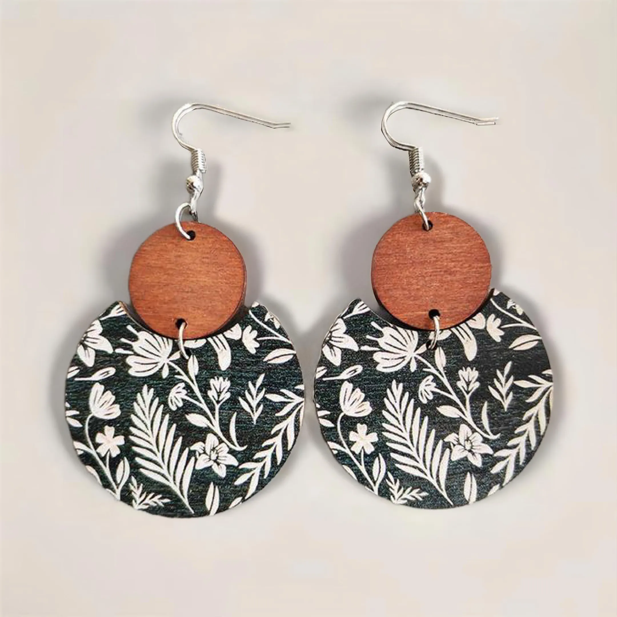 Beautiful Black and White Floral Wood Circle Earrings