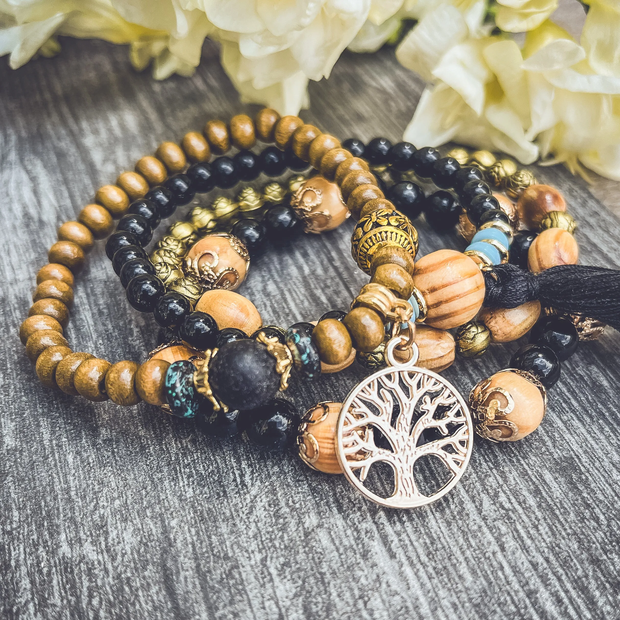 Beautiful Black and Wood Tree of Life Bracelet Set