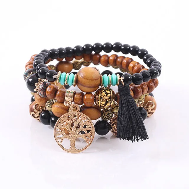 Beautiful Black and Wood Tree of Life Bracelet Set