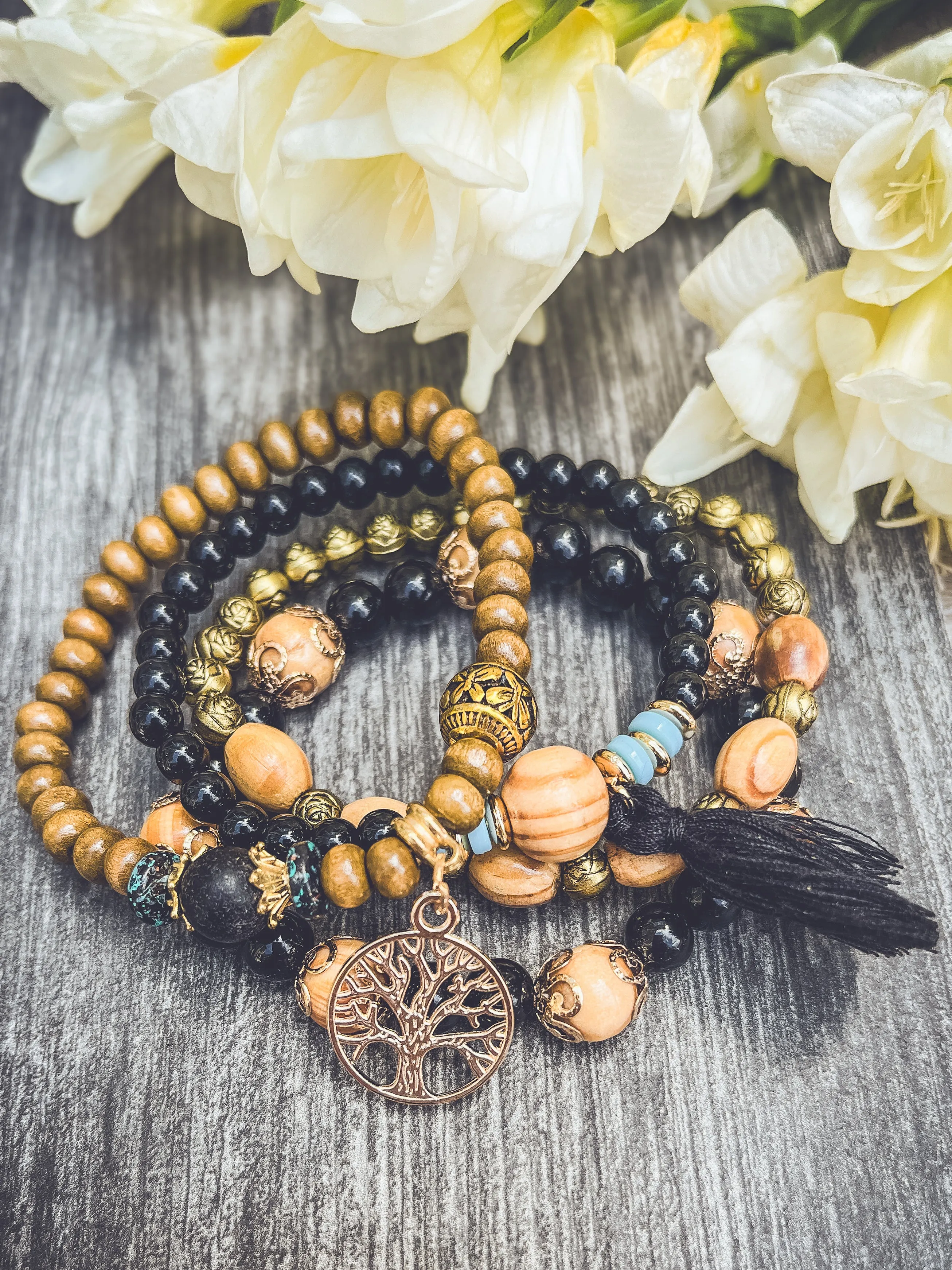 Beautiful Black and Wood Tree of Life Bracelet Set