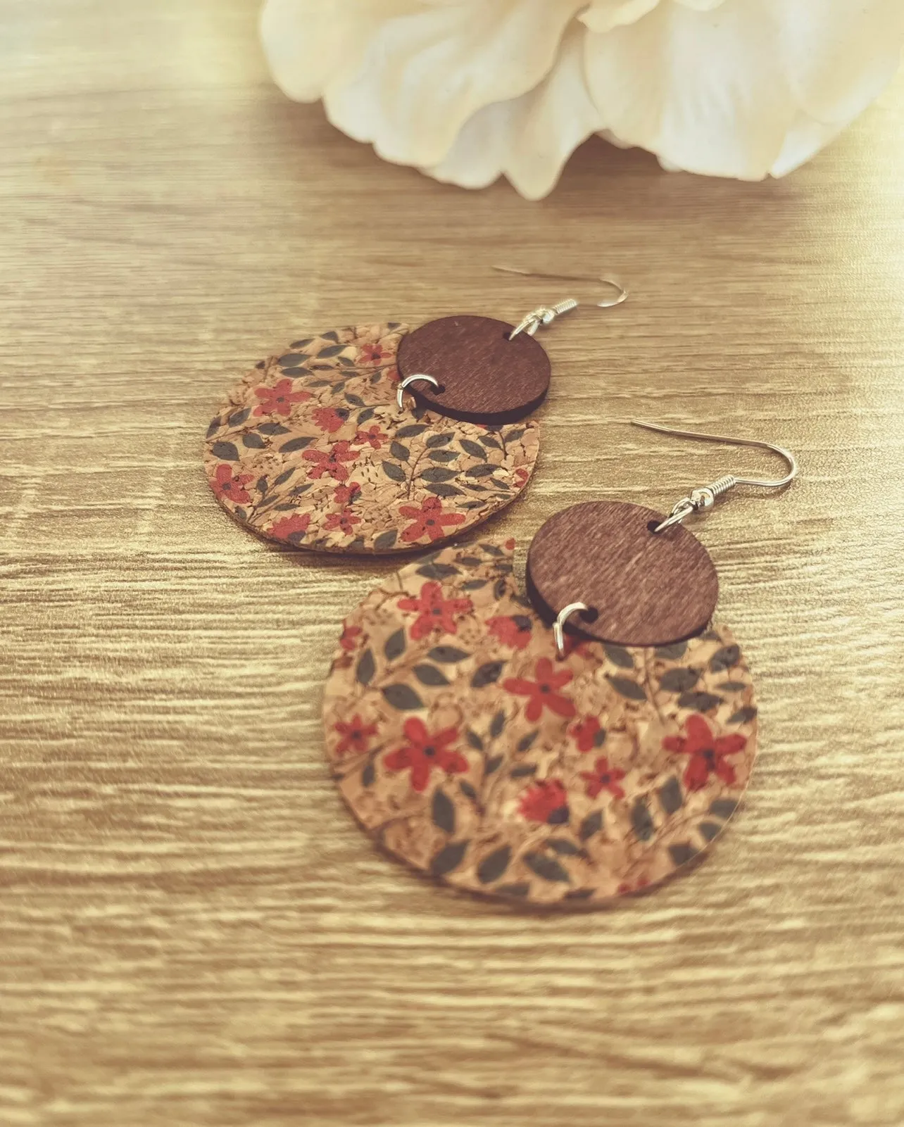 Beautiful Red and Blue Floral Cork and Wood Earrings