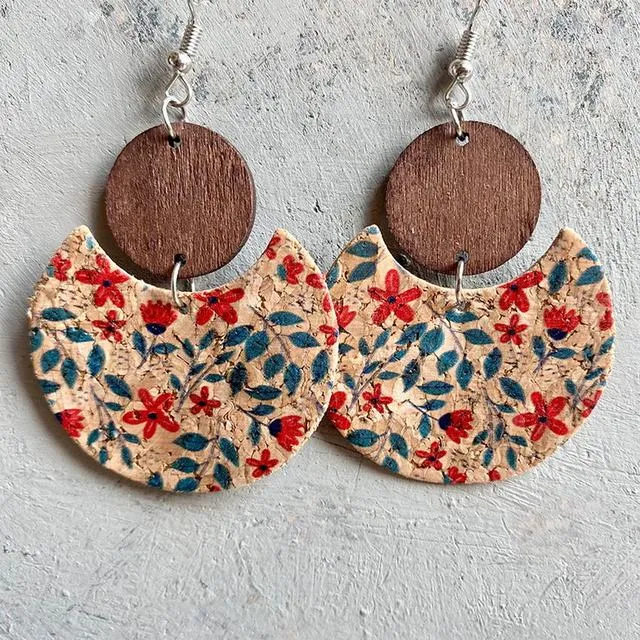 Beautiful Red and Blue Floral Cork and Wood Earrings