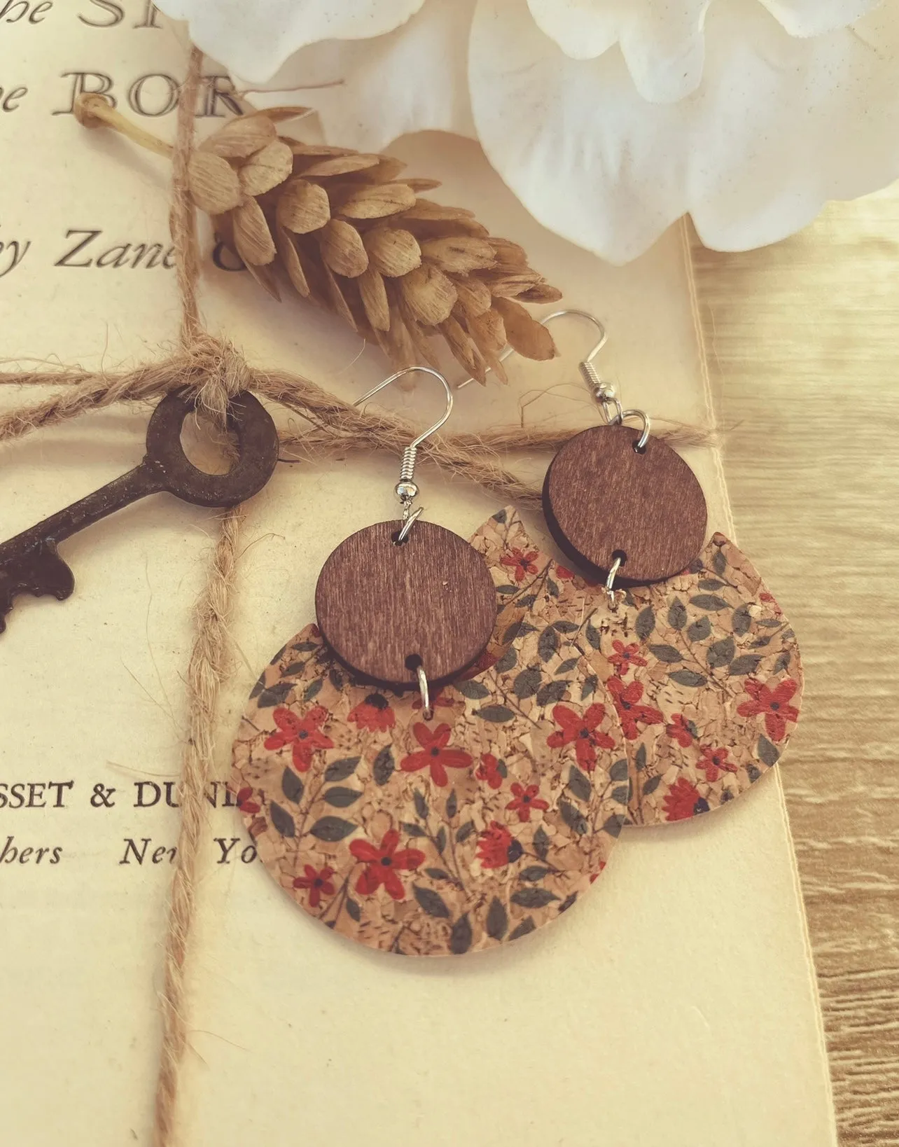 Beautiful Red and Blue Floral Cork and Wood Earrings