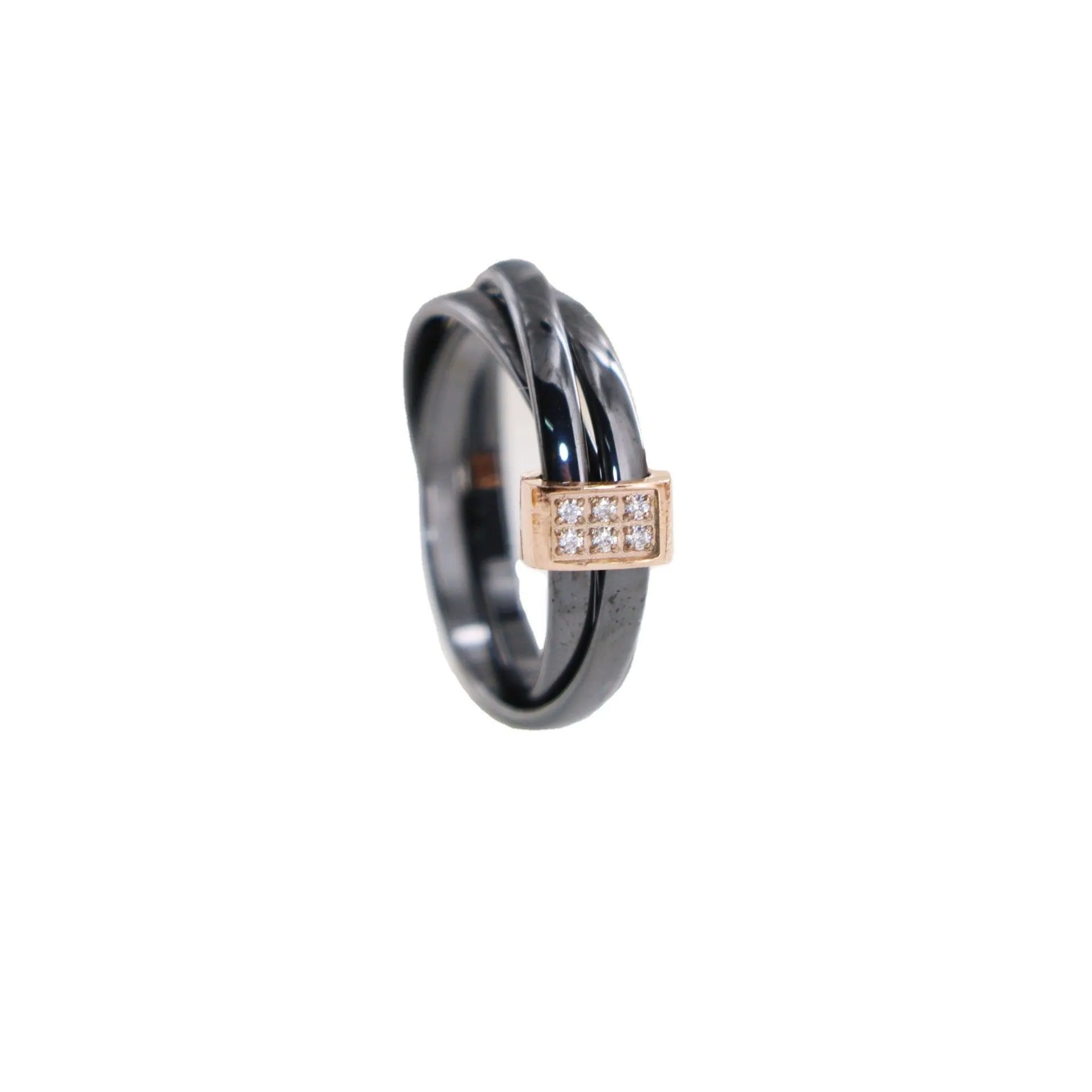 Black And White Ceramic Aperture Cross Titanium Steel Diamond-studded Ring