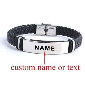 Black Sesame Custom name Logo Leather Bangle & Bracelet Personalized Stainless Steel Bracelets For Women Men ID Bracelet