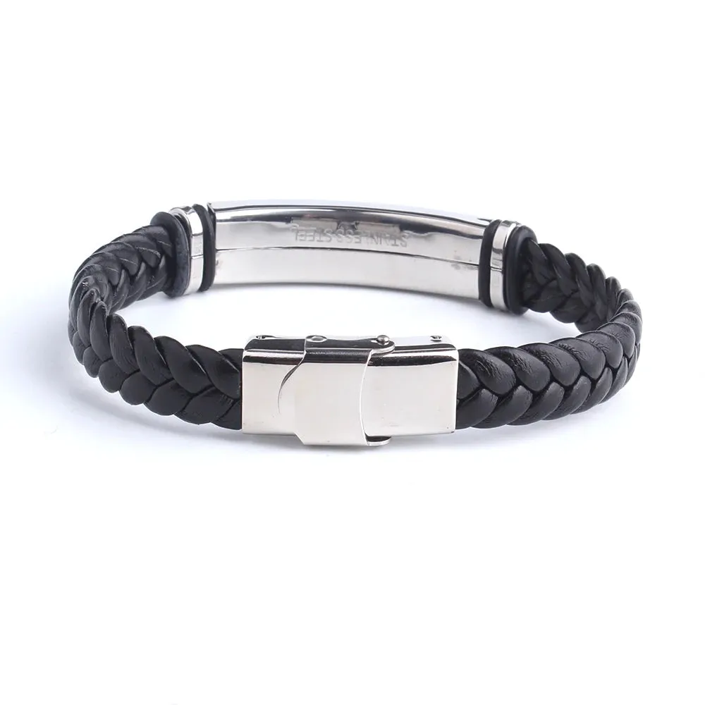 Black Sesame Custom name Logo Leather Bangle & Bracelet Personalized Stainless Steel Bracelets For Women Men ID Bracelet