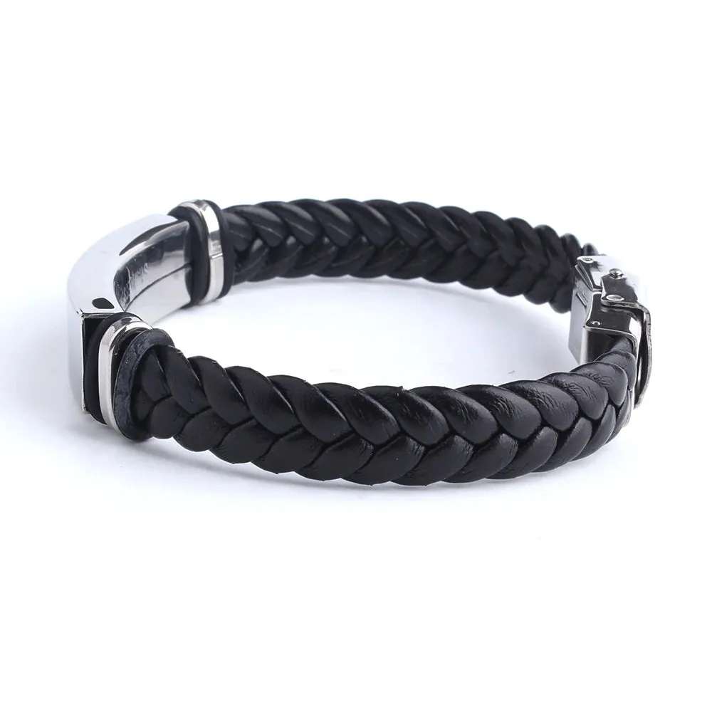 Black Sesame Custom name Logo Leather Bangle & Bracelet Personalized Stainless Steel Bracelets For Women Men ID Bracelet