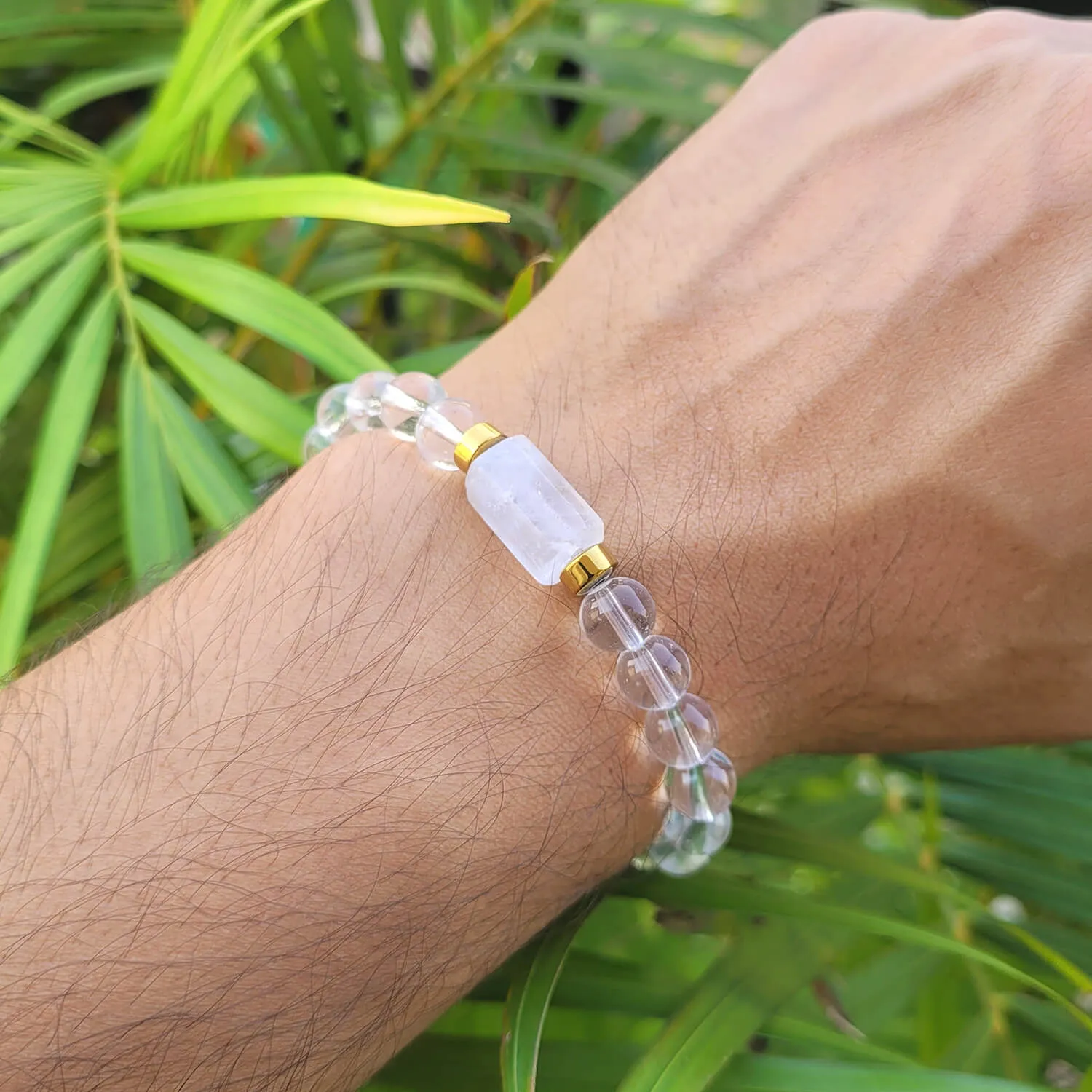 Clear Quartz Tumble Natural Stone Bracelet With Golden Hematite