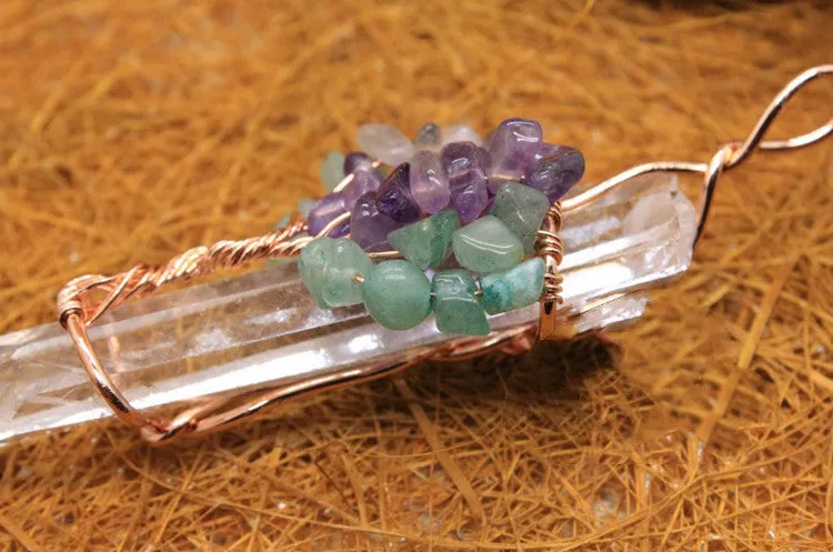 Crystal Wrapped Quartz Pendant - Amethyst & Green Aventurine Tree of Life