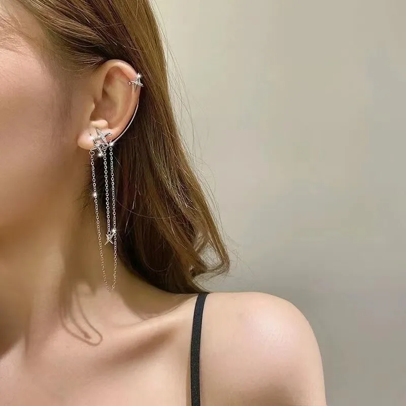 DEANWANGKT Crystal Butterfly Tassel Ear Cuff Earrings for Women Gold Silver Color No Pierced Ear Clip Hook Fashion Party Jewelry