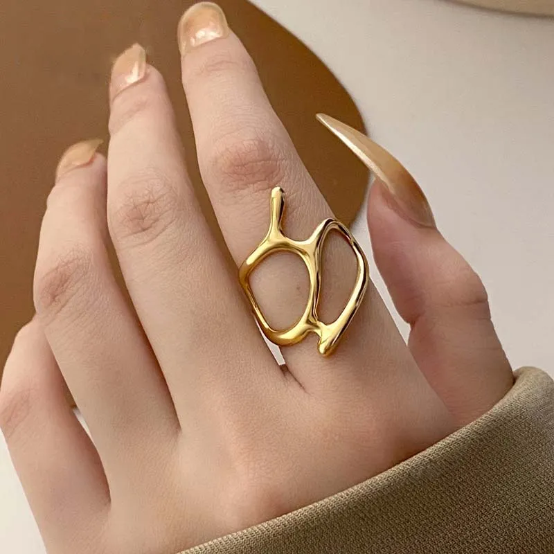 deanwangkt New Arrival Irregular Hollow Silver Color Wide Ring Female Fashion Retro Unique Design Handmade Jewelry Gifts