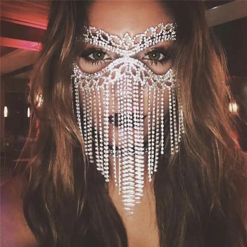 deanwangkt New Tassel Veil Masks Women Headwear Rhinestone Chains Face Mask Masquerade Dance Party Costume Sexy Face Accessories Jewelry