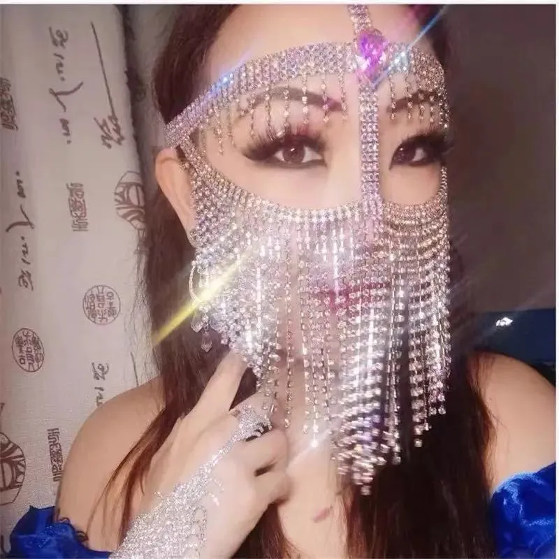 deanwangkt New Tassel Veil Masks Women Headwear Rhinestone Chains Face Mask Masquerade Dance Party Costume Sexy Face Accessories Jewelry