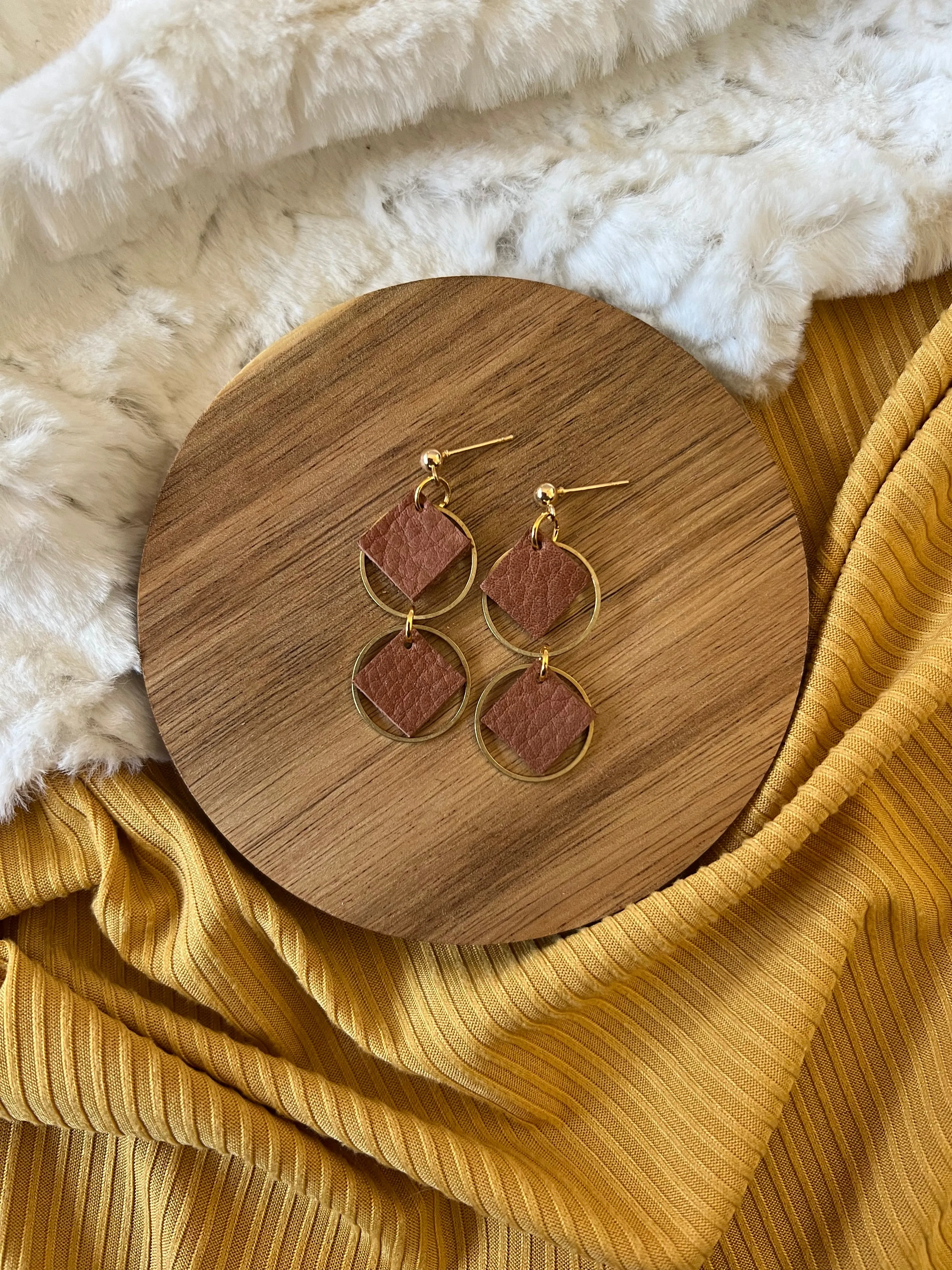 Double Four Square Leather Earrings