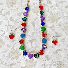 For The Love of God-Multi-Color Heart Crystals-Deity Necklace - And Earring Set