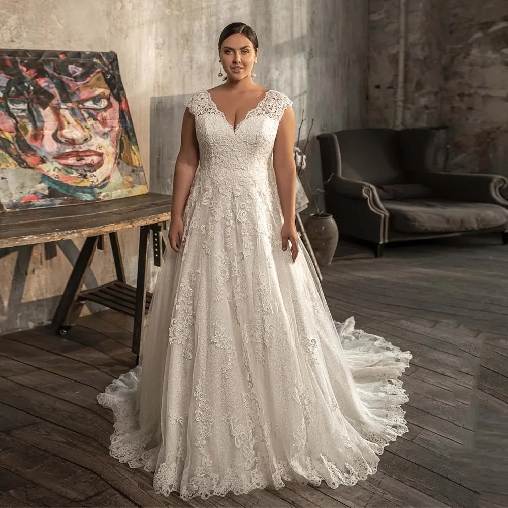 Graduation dress Plus Size Modest A-line Wedding Dresses  Lace Appliques Bride Dresses V Neck Lace-up Corset Back Bridal Gown robe de mariée