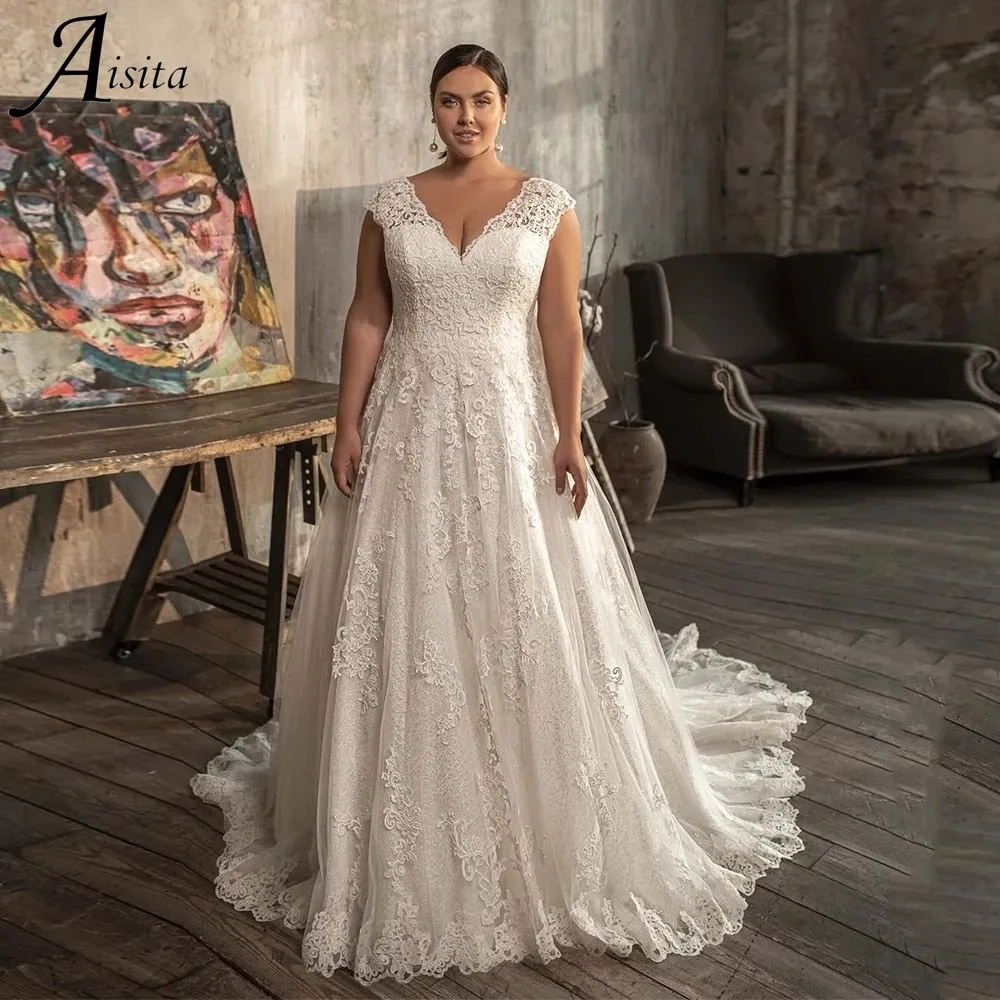 Graduation dress Plus Size Modest A-line Wedding Dresses  Lace Appliques Bride Dresses V Neck Lace-up Corset Back Bridal Gown robe de mariée