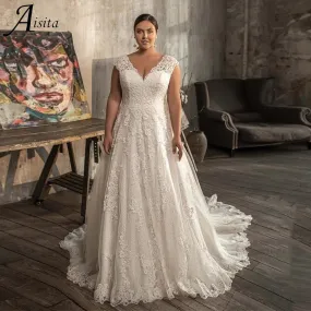 Graduation dress Plus Size Modest A-line Wedding Dresses  Lace Appliques Bride Dresses V Neck Lace-up Corset Back Bridal Gown robe de mariée