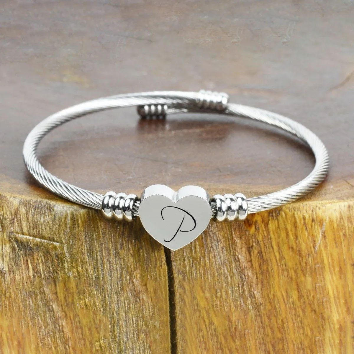 Heart Cable Initial Bracelet Hypoallergenic and Adjustable