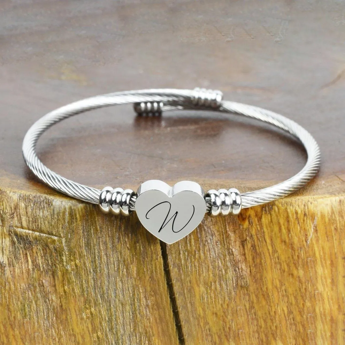 Heart Cable Initial Bracelet Hypoallergenic and Adjustable