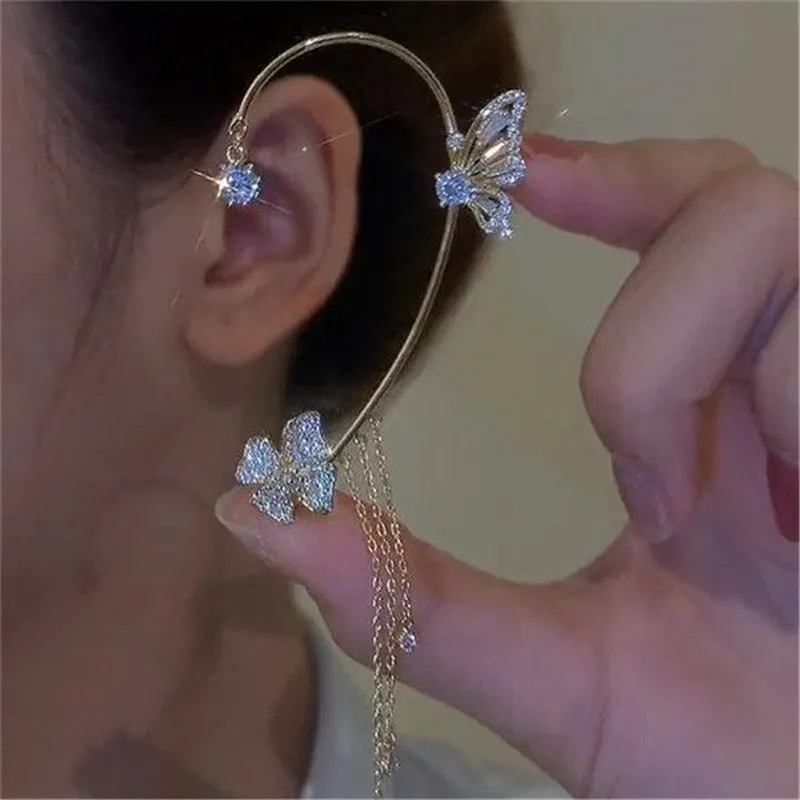 Korean Fashion Zircon Butterfly Elf Ear Cuff for Women Sparkling Zircon Crystal Without Piercing Clip Earrings Wedding Jewelry