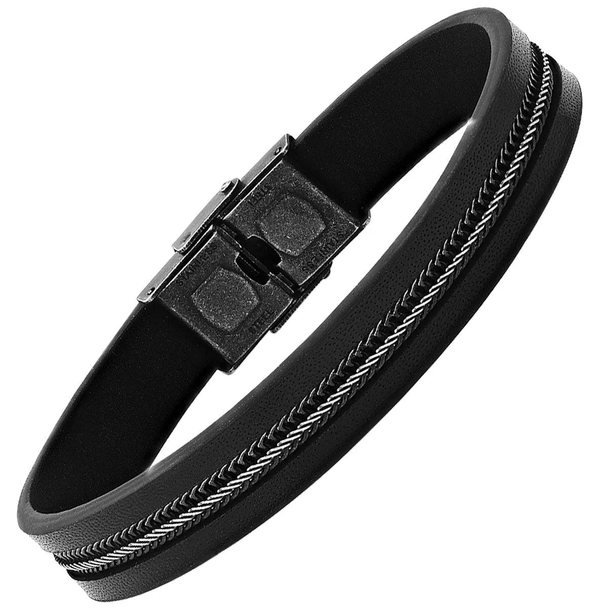 Men's Black Leather and Two Tone Black IP & Stainless Steel Inlay Wheat Chain Bracelet