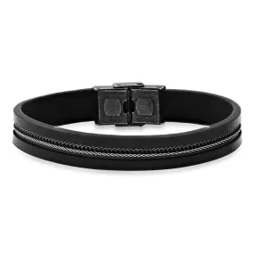 Men's Black Leather and Two Tone Black IP & Stainless Steel Inlay Wheat Chain Bracelet