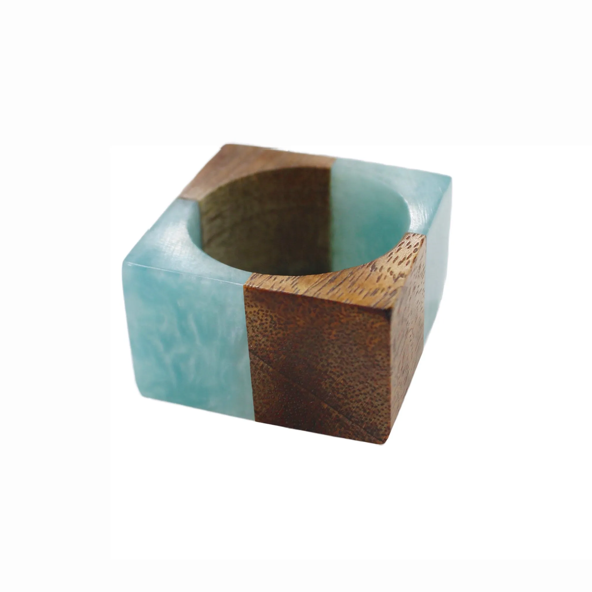 Natural Mango Wood Resin Napkin Ring in Aqua, Set of 4