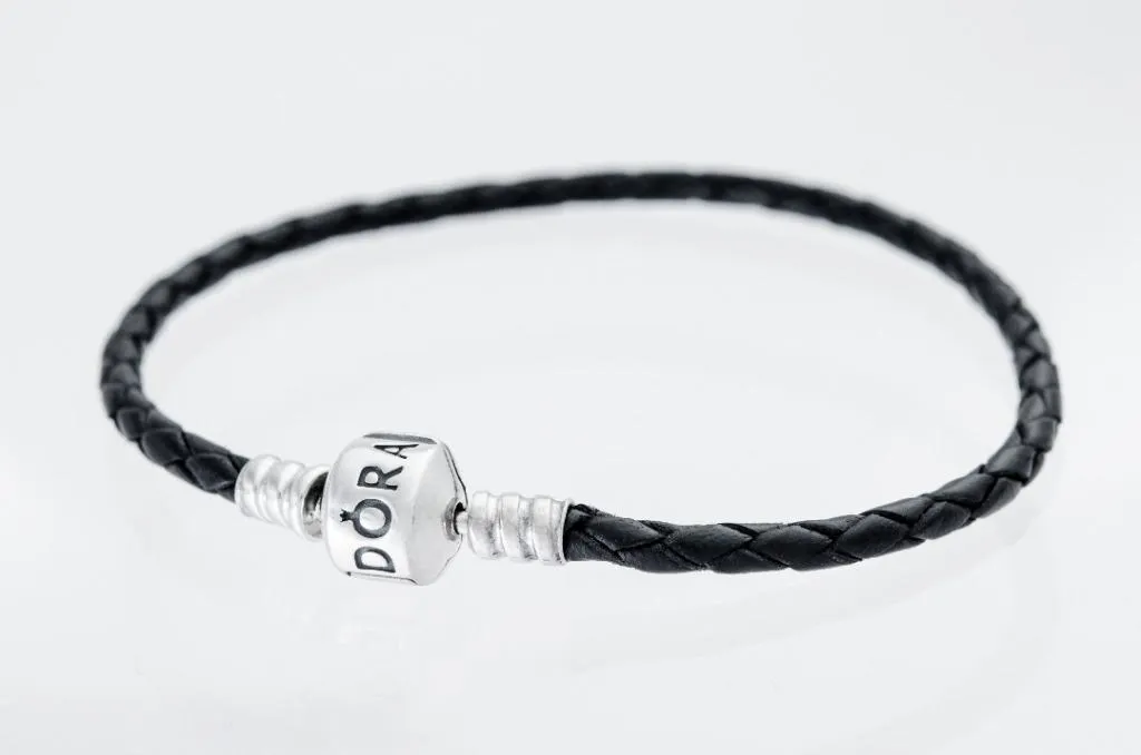 Pandora Moments Black Leather Bracelet #590705CBK-S2 17.5cm